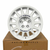 White racing wheel on a cardboard box with 'speedline' branding. Front facing.