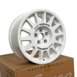 White racing wheel on a cardboard box with 'speedline Corse' branding and facing at an angle.